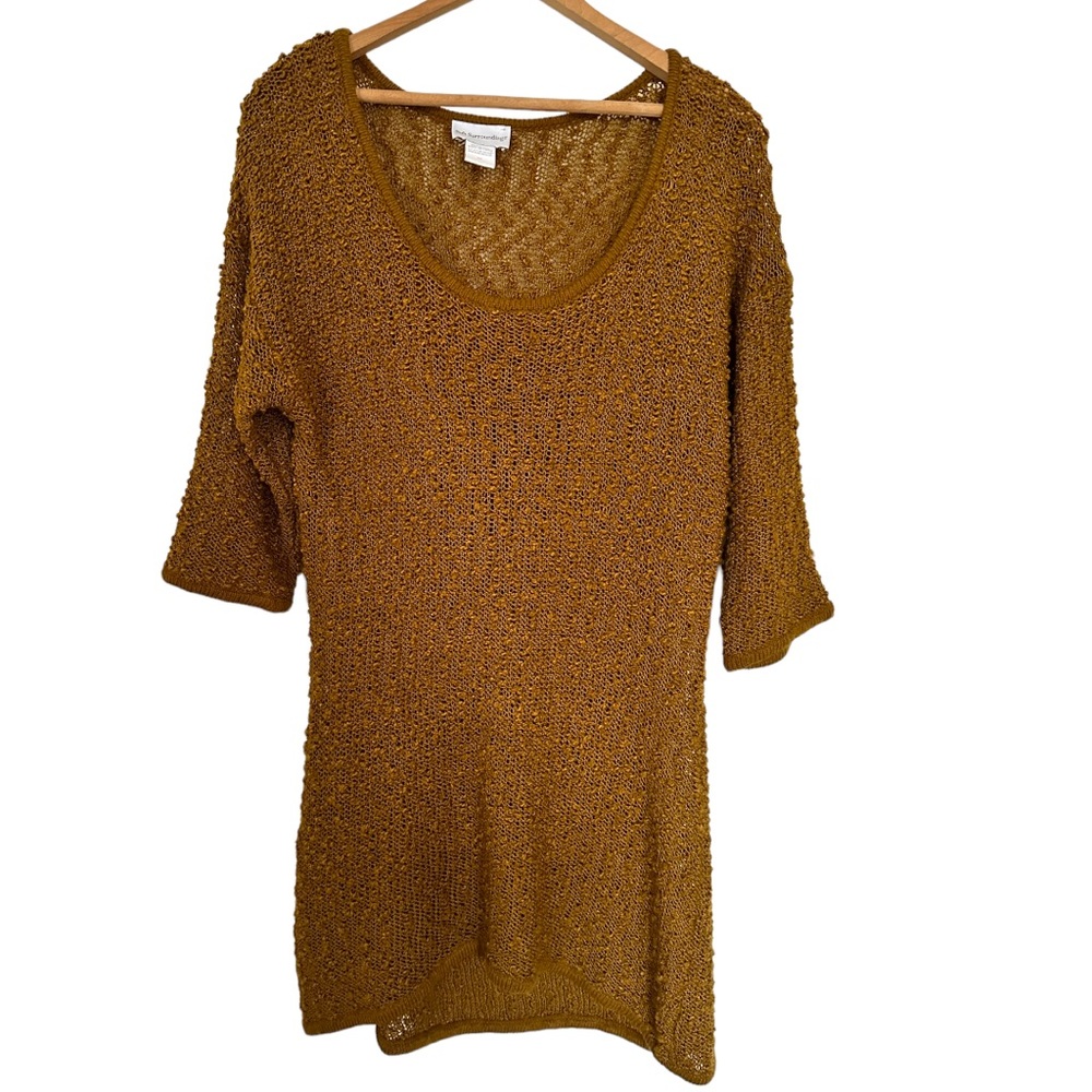 Soft Surroundings Nubby Knit Tunic Sweater 3/4 Sleeve Scoop Neck Autumn Gold M